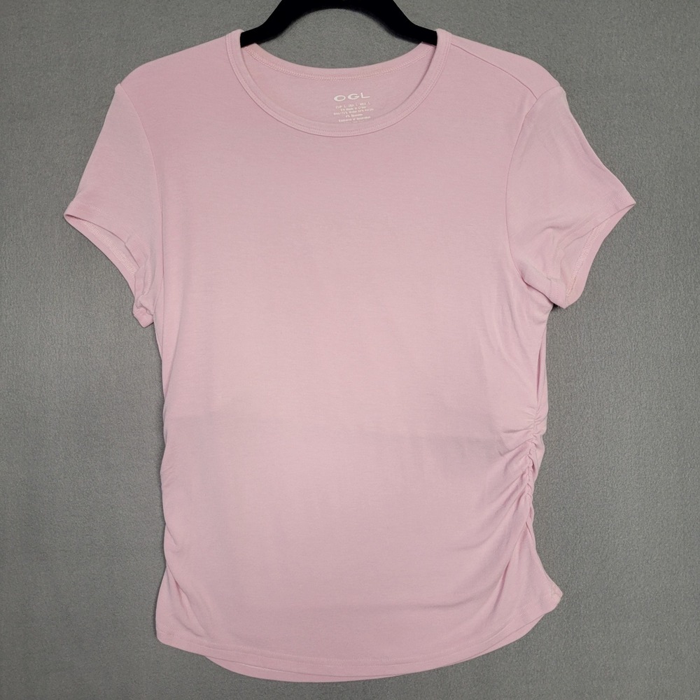 OGL Pink Ruched Side Short Sleeve T-Shirt Modal Blend Crew Neck Womens Large